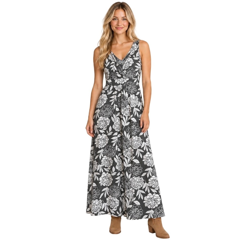 Boden Floral Maxi Dress Grey White Sleeveless V-Neck WH153 Size 10R